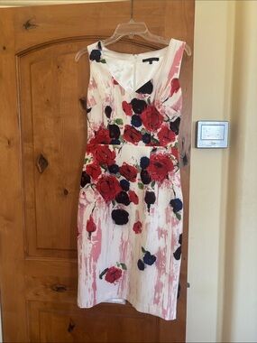 David Meister White Midi Dress with Red & Pink Floral Print